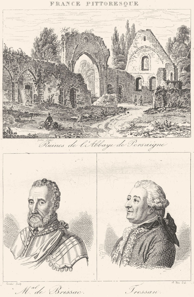 SARTHE. Ruins L'abbaye Persaigne; Mal. Brissac; Tressan 1835 old antique print